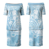 Aloha Hawaii Turtles Floral Family Matching Puletasi and Hawaiian Shirt Aqua Marbles Glaze LT7 Mom's Dress Aqua - Polynesian Pride