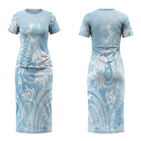 Aloha Hawaii Turtles Floral Family Matching Short Sleeve Bodycon Dress and Hawaiian Shirt Aqua Marbles Glaze LT7 Mom's Dress Aqua - Polynesian Pride