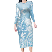 Aloha Hawaii Turtles Floral Long Sleeve Bodycon Dress Aqua Marbles Glaze
