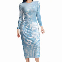Aloha Hawaii Turtles Floral Long Sleeve Bodycon Dress Aqua Marbles Glaze LT7 Long Dress Aqua - Polynesian Pride