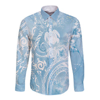 Aloha Hawaii Turtles Floral Long Sleeve Button Shirt Aqua Marbles Glaze