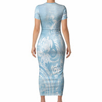 Aloha Hawaii Turtles Floral Short Sleeve Bodycon Dress Aqua Marbles Glaze LT7 - Polynesian Pride