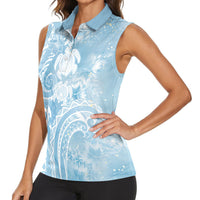 Aloha Hawaii Turtles Floral Women Sleeveless Polo Shirt Aqua Marbles Glaze