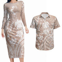 Aloha Hawaii Turtles Floral Couples Matching Long Sleeve Bodycon Dress and Hawaiian Shirt Taupe Marbles Glaze LT7 Taupe - Polynesian Pride