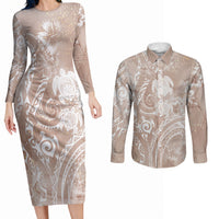 Aloha Hawaii Turtles Floral Couples Matching Long Sleeve Bodycon Dress and Long Sleeve Button Shirt Taupe Marbles Glaze LT7 Taupe - Polynesian Pride