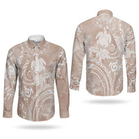 Aloha Hawaii Turtles Floral Couples Matching Off Shoulder Maxi Dress and Long Sleeve Button Shirt Taupe Marbles Glaze LT7 - Polynesian Pride