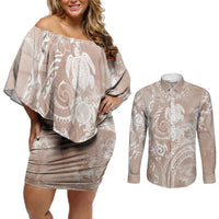 Aloha Hawaii Turtles Floral Couples Matching Off Shoulder Short Dress and Long Sleeve Button Shirt Taupe Marbles Glaze LT7 Taupe - Polynesian Pride