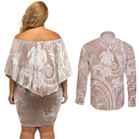 Aloha Hawaii Turtles Floral Couples Matching Off Shoulder Short Dress and Long Sleeve Button Shirt Taupe Marbles Glaze