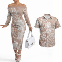 Aloha Hawaii Turtles Floral Couples Matching Off The Shoulder Long Sleeve Dress and Hawaiian Shirt Taupe Marbles Glaze LT7 Taupe - Polynesian Pride