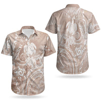 Aloha Hawaii Turtles Floral Couples Matching Off The Shoulder Long Sleeve Dress and Hawaiian Shirt Taupe Marbles Glaze LT7 - Polynesian Pride
