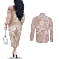 Aloha Hawaii Turtles Floral Couples Matching Off The Shoulder Long Sleeve Dress and Long Sleeve Button Shirt Taupe Marbles Glaze
