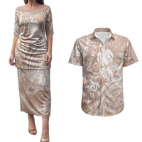 Aloha Hawaii Turtles Floral Couples Matching Puletasi and Hawaiian Shirt Taupe Marbles Glaze LT7 Taupe - Polynesian Pride