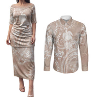 Aloha Hawaii Turtles Floral Couples Matching Puletasi and Long Sleeve Button Shirt Taupe Marbles Glaze LT7 Taupe - Polynesian Pride