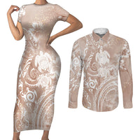 Aloha Hawaii Turtles Floral Couples Matching Short Sleeve Bodycon Dress and Long Sleeve Button Shirt Taupe Marbles Glaze LT7 Taupe - Polynesian Pride