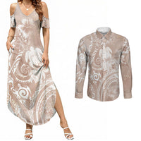 Aloha Hawaii Turtles Floral Couples Matching Summer Maxi Dress and Long Sleeve Button Shirt Taupe Marbles Glaze LT7 Taupe - Polynesian Pride