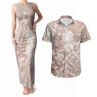 Aloha Hawaii Turtles Floral Couples Matching Tank Maxi Dress and Hawaiian Shirt Taupe Marbles Glaze LT7 Taupe - Polynesian Pride