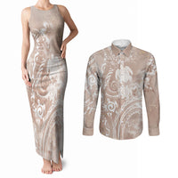 Aloha Hawaii Turtles Floral Couples Matching Tank Maxi Dress and Long Sleeve Button Shirt Taupe Marbles Glaze LT7 Taupe - Polynesian Pride