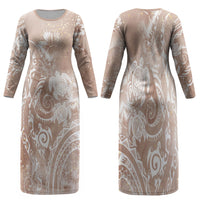 Aloha Hawaii Turtles Floral Family Matching Long Sleeve Bodycon Dress and Hawaiian Shirt Taupe Marbles Glaze LT7 Mom's Dress Taupe - Polynesian Pride