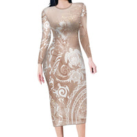 Aloha Hawaii Turtles Floral Long Sleeve Bodycon Dress Taupe Marbles Glaze