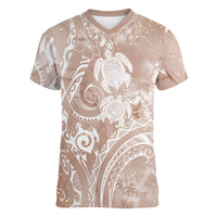 Aloha Hawaii Turtles Floral Women V-Neck T-Shirt Taupe Marbles Glaze