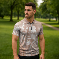 Aloha Hawaii Turtles Floral Zipper Polo Shirt Taupe Marbles Glaze LT7 - Polynesian Pride