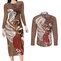 Tahiti Islands Polynesian Plumeria Couples Matching Long Sleeve Bodycon Dress and Long Sleeve Button Shirt Tahitian Vahine 'Ote'a - Beige LT7 Beige - Polynesian Pride