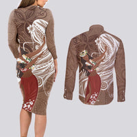 Tahiti Islands Polynesian Plumeria Couples Matching Long Sleeve Bodycon Dress and Long Sleeve Button Shirt Tahitian Vahine 'Ote'a - Beige LT7 - Polynesian Pride