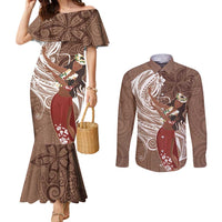 Tahiti Islands Polynesian Plumeria Couples Matching Mermaid Dress and Long Sleeve Button Shirt Tahitian Vahine 'Ote'a - Beige LT7 Beige - Polynesian Pride