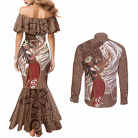 Tahiti Islands Polynesian Plumeria Couples Matching Mermaid Dress and Long Sleeve Button Shirt Tahitian Vahine 'Ote'a - Beige LT7 - Polynesian Pride