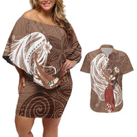 Tahiti Islands Polynesian Plumeria Couples Matching Off Shoulder Short Dress and Hawaiian Shirt Tahitian Vahine 'Ote'a - Beige LT7 Beige - Polynesian Pride