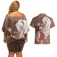 Tahiti Islands Polynesian Plumeria Couples Matching Off Shoulder Short Dress and Hawaiian Shirt Tahitian Vahine 'Ote'a - Beige LT7 - Polynesian Pride