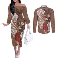 Tahiti Islands Polynesian Plumeria Couples Matching Off The Shoulder Long Sleeve Dress and Long Sleeve Button Shirt Tahitian Vahine 'Ote'a - Beige LT7 Beige - Polynesian Pride