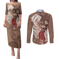Tahiti Islands Polynesian Plumeria Couples Matching Puletasi and Long Sleeve Button Shirt Tahitian Vahine 'Ote'a - Beige LT7 Beige - Polynesian Pride