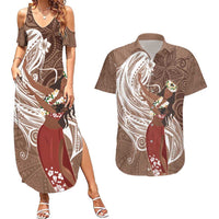 Tahiti Islands Polynesian Plumeria Couples Matching Summer Maxi Dress and Hawaiian Shirt Tahitian Vahine 'Ote'a - Beige LT7 Beige - Polynesian Pride