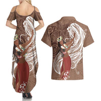 Tahiti Islands Polynesian Plumeria Couples Matching Summer Maxi Dress and Hawaiian Shirt Tahitian Vahine 'Ote'a - Beige LT7 - Polynesian Pride
