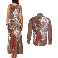 Tahiti Islands Polynesian Plumeria Couples Matching Tank Maxi Dress and Long Sleeve Button Shirt Tahitian Vahine 'Ote'a - Beige LT7 - Polynesian Pride