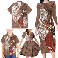 Tahiti Islands Polynesian Plumeria Family Matching Long Sleeve Bodycon Dress and Hawaiian Shirt Tahitian Vahine 'Ote'a - Beige LT7 - Polynesian Pride