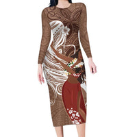 Tahiti Islands Polynesian Plumeria Family Matching Long Sleeve Bodycon Dress and Hawaiian Shirt Tahitian Vahine 'Ote'a - Beige LT7 Mom's Dress Beige - Polynesian Pride