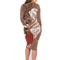 Tahiti Islands Polynesian Plumeria Family Matching Long Sleeve Bodycon Dress and Hawaiian Shirt Tahitian Vahine 'Ote'a - Beige LT7 - Polynesian Pride