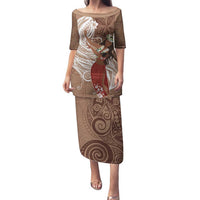 Tahiti Islands Polynesian Plumeria Family Matching Puletasi and Hawaiian Shirt Tahitian Vahine 'Ote'a - Beige LT7 Mom's Dress Beige - Polynesian Pride