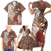 Tahiti Islands Polynesian Plumeria Family Matching Short Sleeve Bodycon Dress and Hawaiian Shirt Tahitian Vahine 'Ote'a - Beige LT7 - Polynesian Pride
