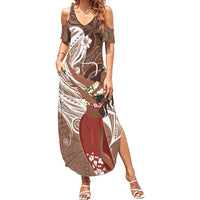 Tahiti Islands Polynesian Plumeria Family Matching Summer Maxi Dress and Hawaiian Shirt Tahitian Vahine 'Ote'a - Beige LT7 Mom's Dress Beige - Polynesian Pride