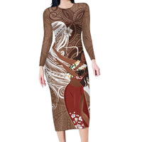 Tahiti Islands Polynesian Plumeria Long Sleeve Bodycon Dress Tahitian Vahine 'Ote'a - Beige LT7 Long Dress Beige - Polynesian Pride