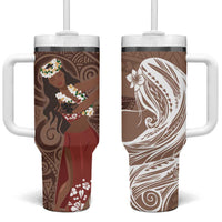 Tahiti Islands Polynesian Plumeria Tumbler With Handle Tahitian Vahine 'Ote'a - Beige