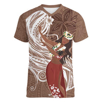 Tahiti Islands Polynesian Plumeria Women V-Neck T-Shirt Tahitian Vahine 'Ote'a - Beige LT7 Female Beige - Polynesian Pride