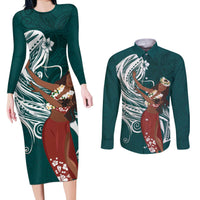 Tahiti Islands Polynesian Plumeria Couples Matching Long Sleeve Bodycon Dress and Long Sleeve Button Shirt Tahitian Vahine 'Ote'a - Teal LT7 Teal - Polynesian Pride