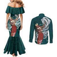 Tahiti Islands Polynesian Plumeria Couples Matching Mermaid Dress and Long Sleeve Button Shirt Tahitian Vahine 'Ote'a - Teal LT7 - Polynesian Pride