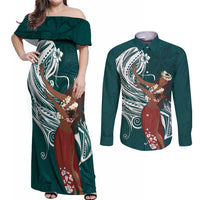 Tahiti Islands Polynesian Plumeria Couples Matching Off Shoulder Maxi Dress and Long Sleeve Button Shirt Tahitian Vahine 'Ote'a - Teal LT7 Teal - Polynesian Pride