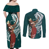 Tahiti Islands Polynesian Plumeria Couples Matching Off Shoulder Maxi Dress and Long Sleeve Button Shirt Tahitian Vahine 'Ote'a - Teal LT7 - Polynesian Pride