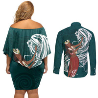 Tahiti Islands Polynesian Plumeria Couples Matching Off Shoulder Short Dress and Long Sleeve Button Shirt Tahitian Vahine 'Ote'a - Teal LT7 - Polynesian Pride